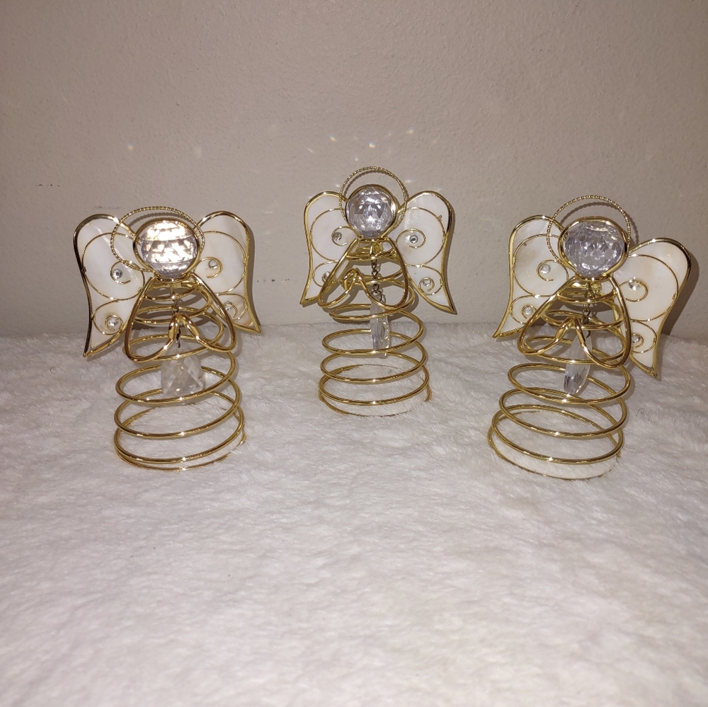 3 Angel Abstract Wire Capiz Sea Shell Crystal Style Hand Cross Figurine